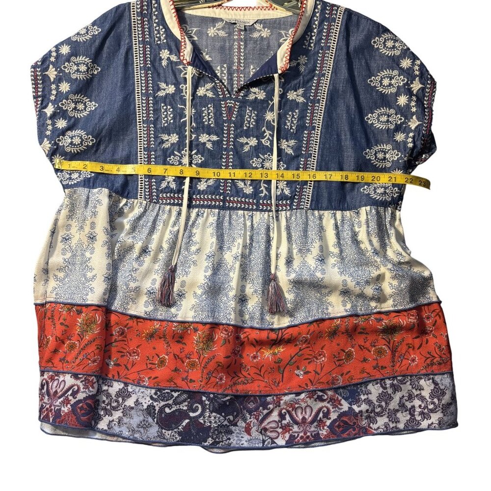 John Mark Boho Tunic Dress Large Blue White Red Floral Embroidered Tassels - Picture 6 of 9